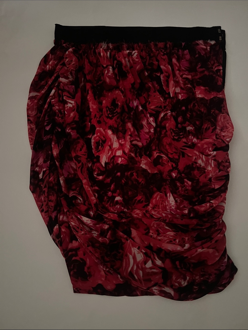 Ruched Red Floral Pencil Skirt with Elastic Waistband